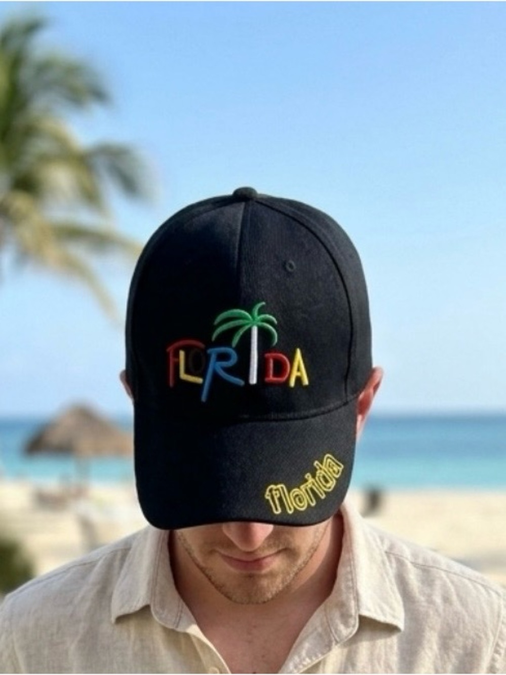 Florida Embroidered Black Baseball Cap with Colorful Palm